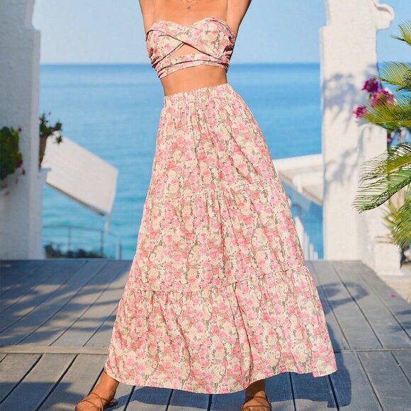 Pink Boho Women's Woven Printed Crop Top & High Waisted Skirt Set - Picture 3 of 6